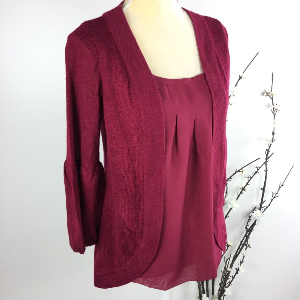 Burgundy Chiffon Sweater 3/4 Bell Sleeve Top